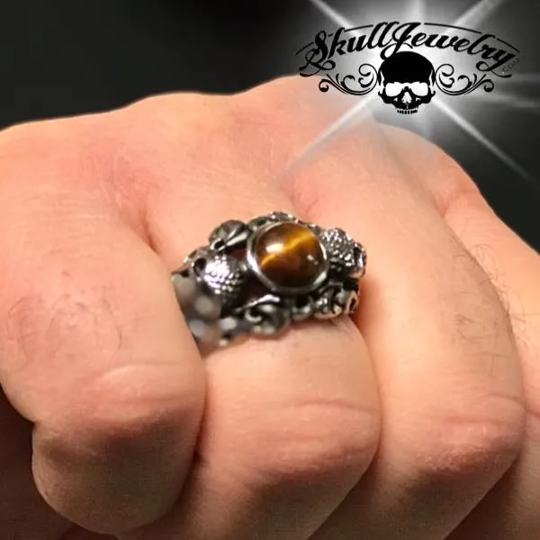 Tigers Eye Stainless Steel Skull Ring (#732)