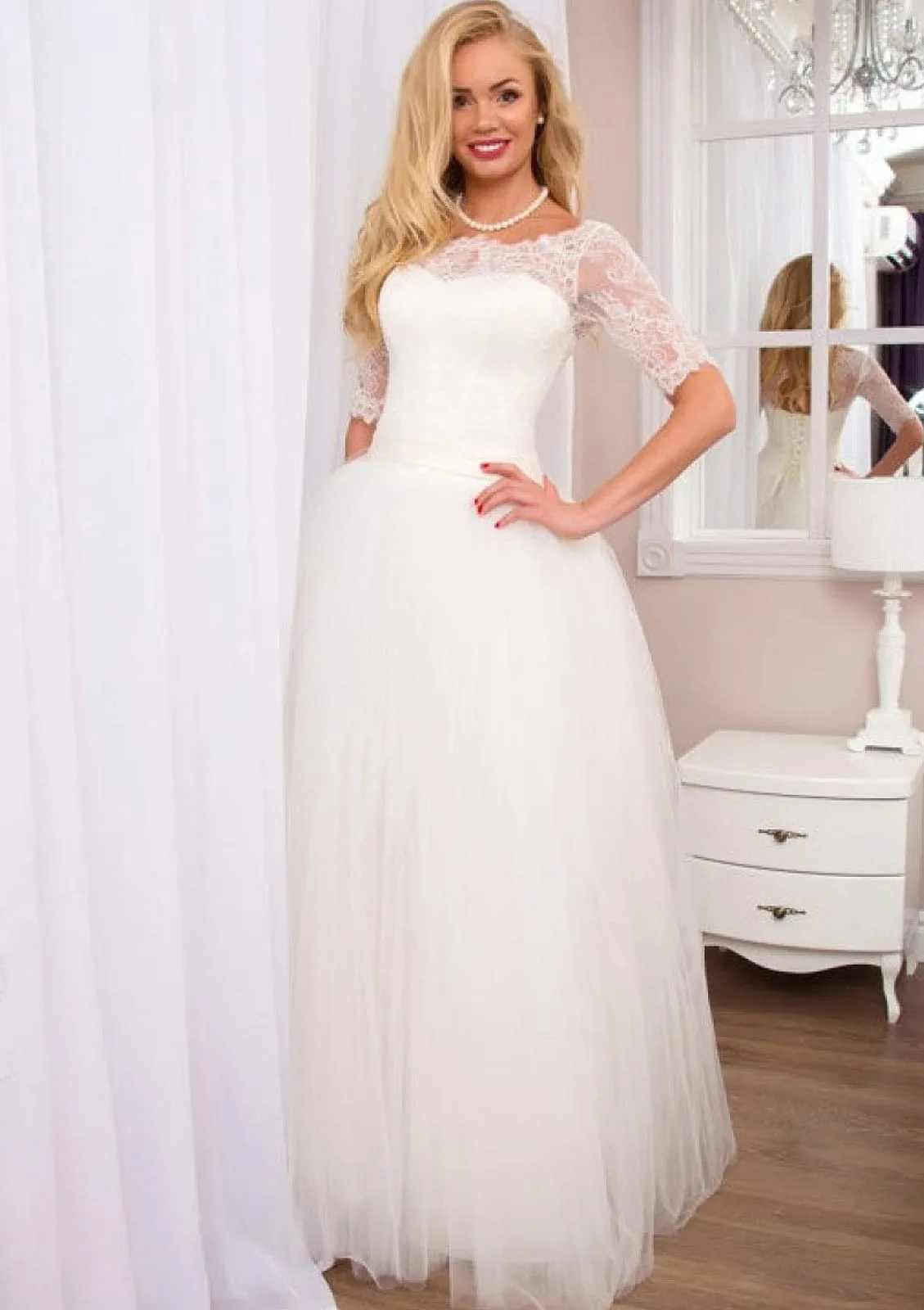 Tulle Wedding Dress Half Sleeve Bateau Keyhole Back, Lace
