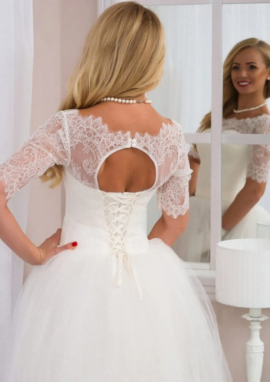 Tulle Wedding Dress Half Sleeve Bateau Keyhole Back, Lace
