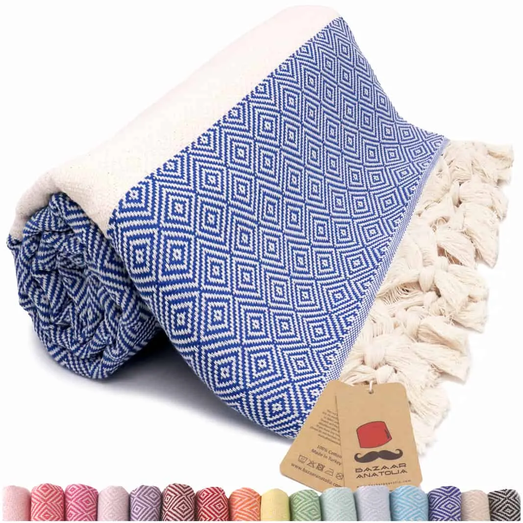 Turkish Beach Towel, Diamond Turkish Towels - Royal Blue