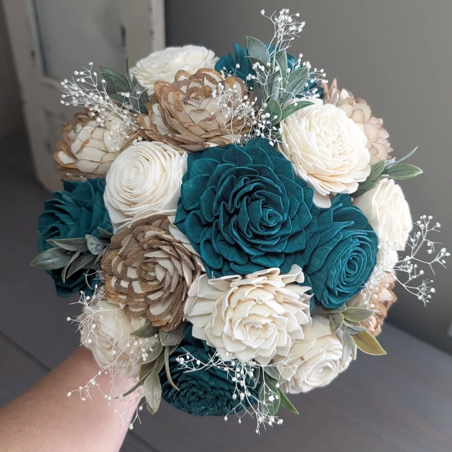 Turkish Blue, Natural, and Ivory Bouquet with Baby's Breath and Greenery