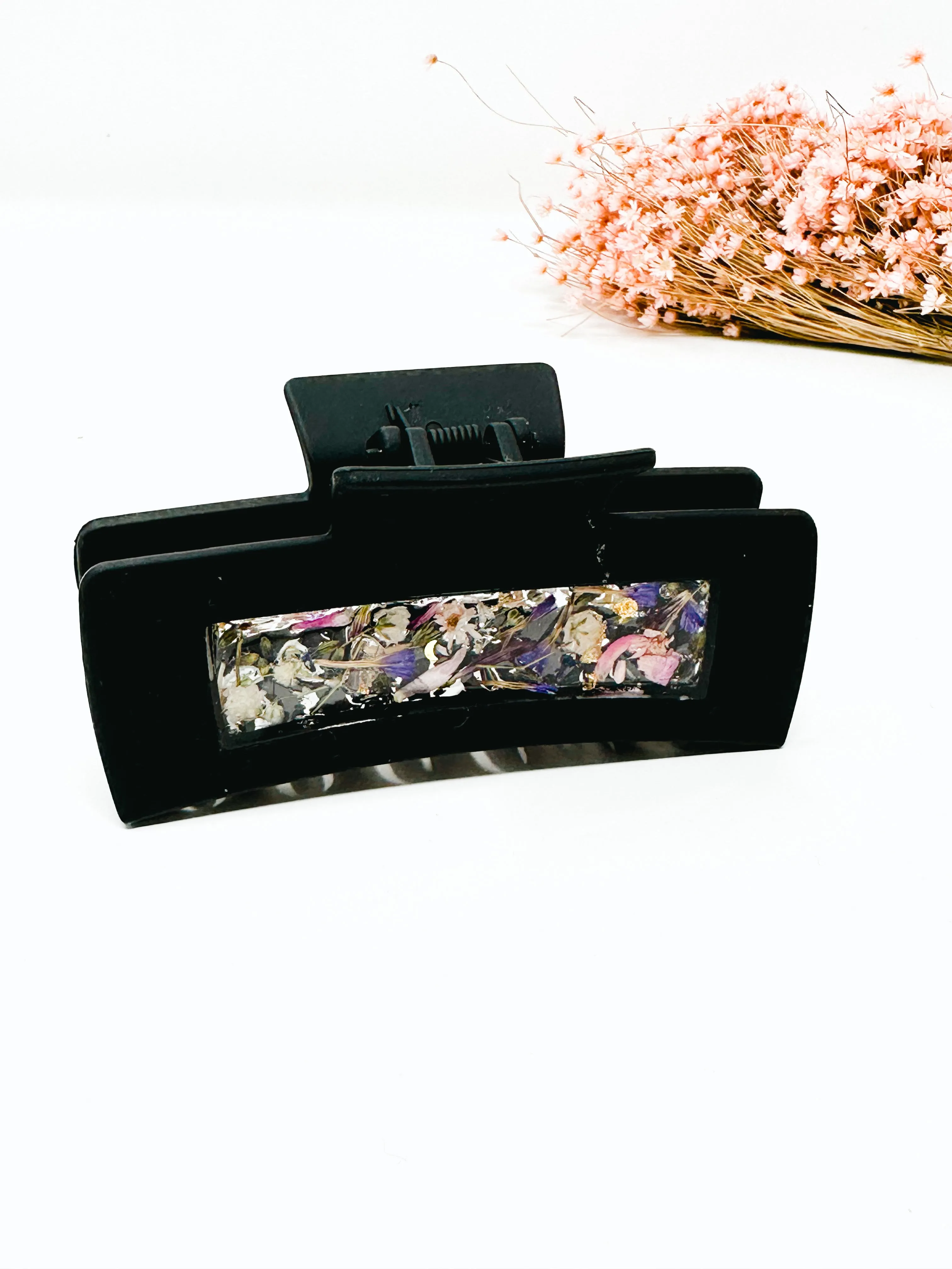 Tuxedo Black Claw Clip with purple toned Flowers