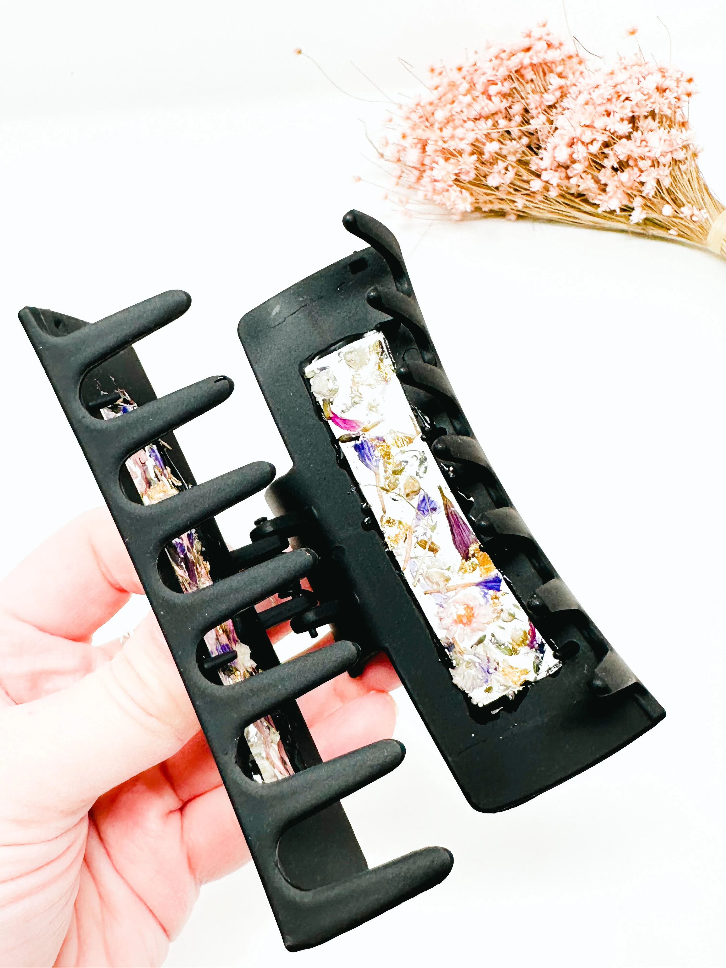 Tuxedo Black Claw Clip with purple toned Flowers