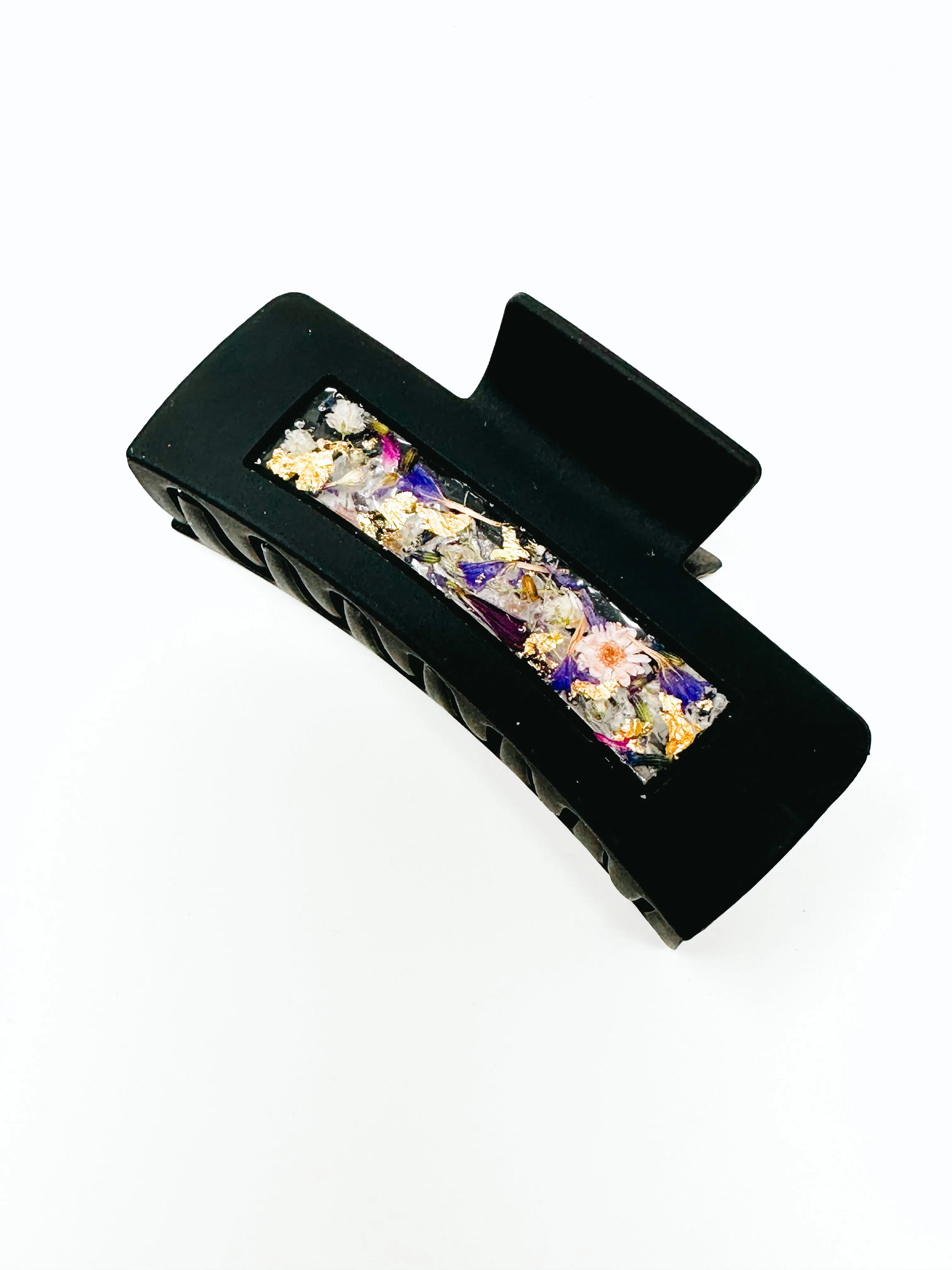 Tuxedo Black Claw Clip with purple toned Flowers