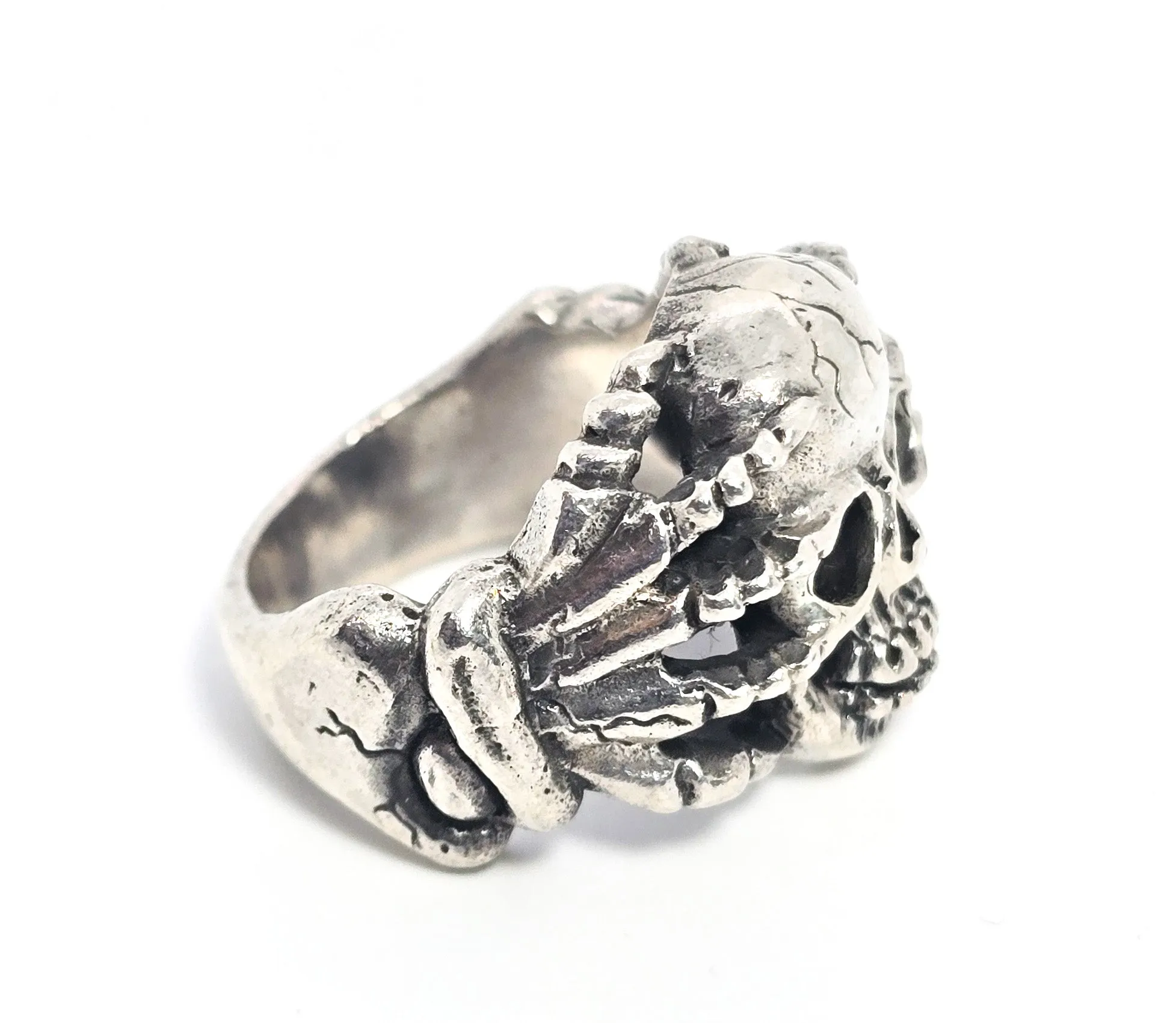 Under Pressure skull in hands bone sterling silver retro biker ring size 8