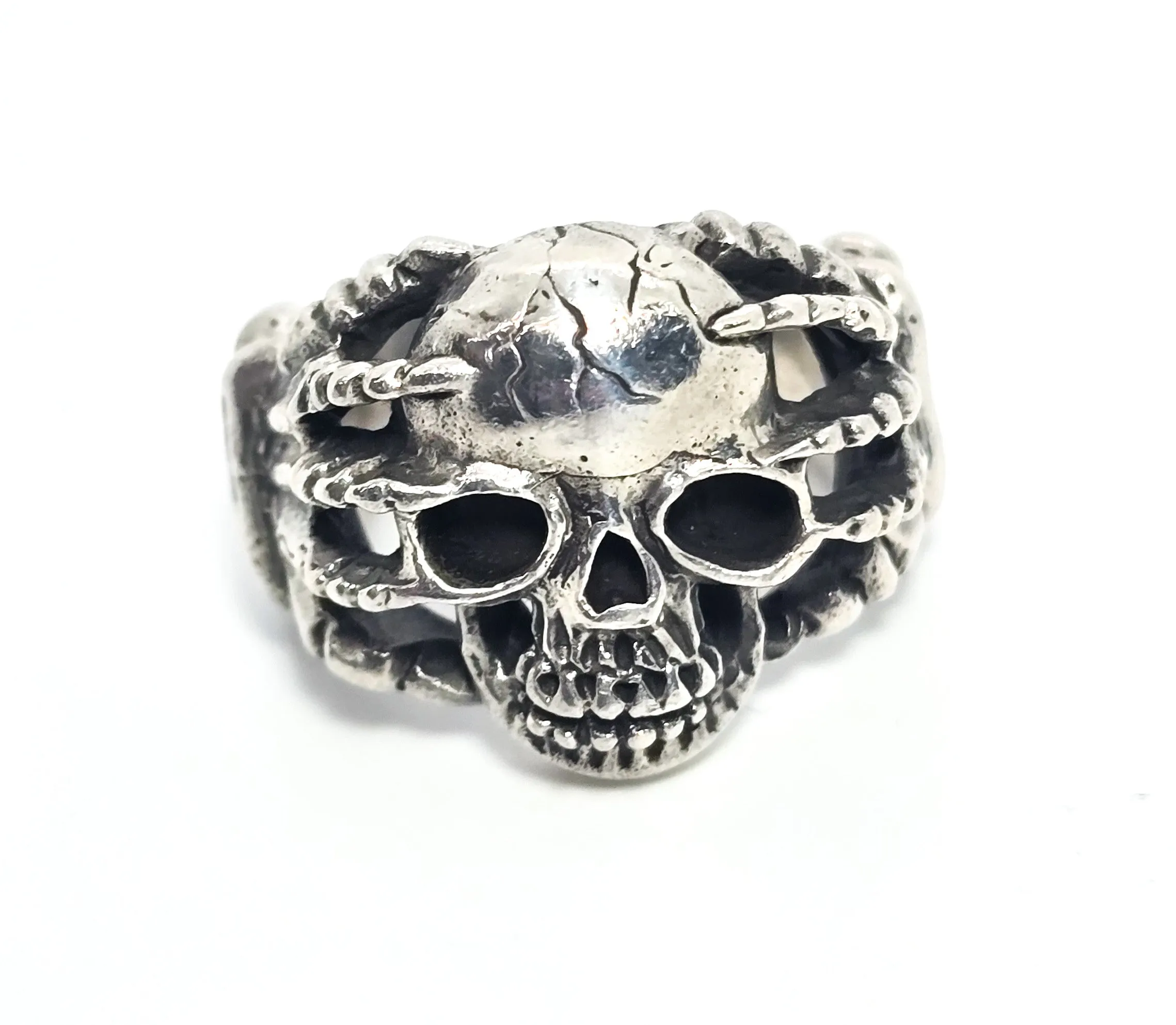 Under Pressure skull in hands bone sterling silver retro biker ring size 8