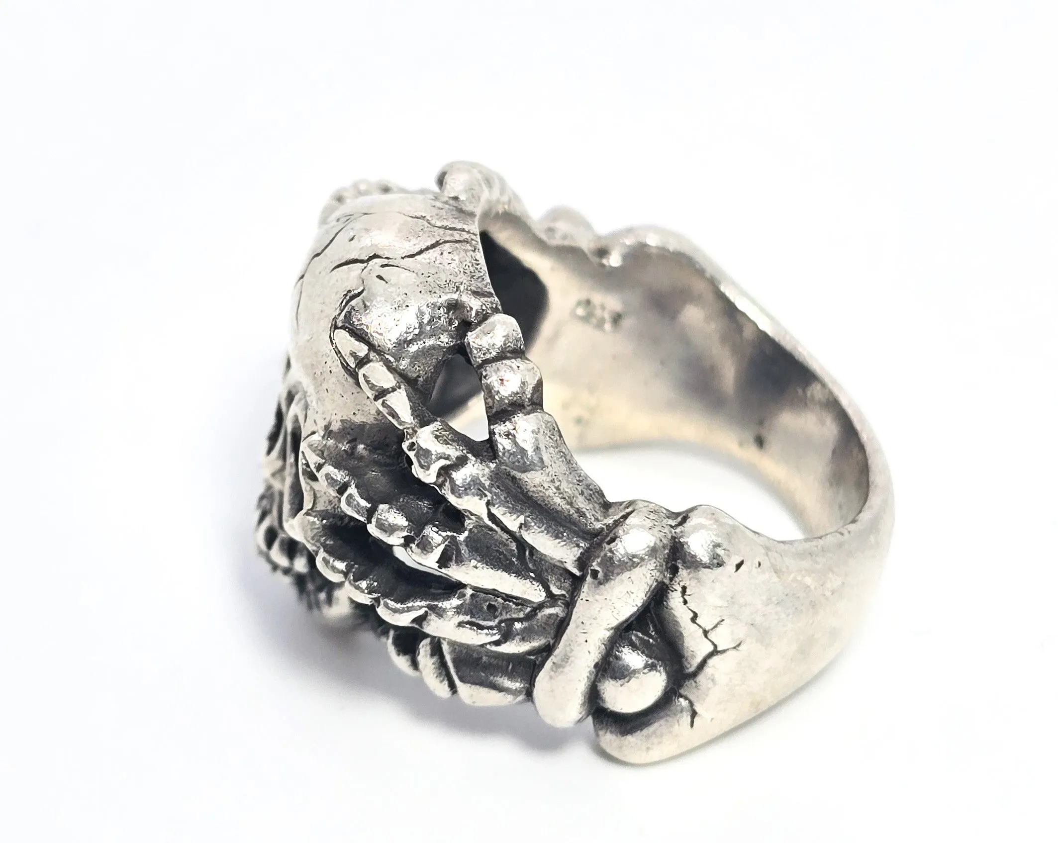 Under Pressure skull in hands bone sterling silver retro biker ring size 8