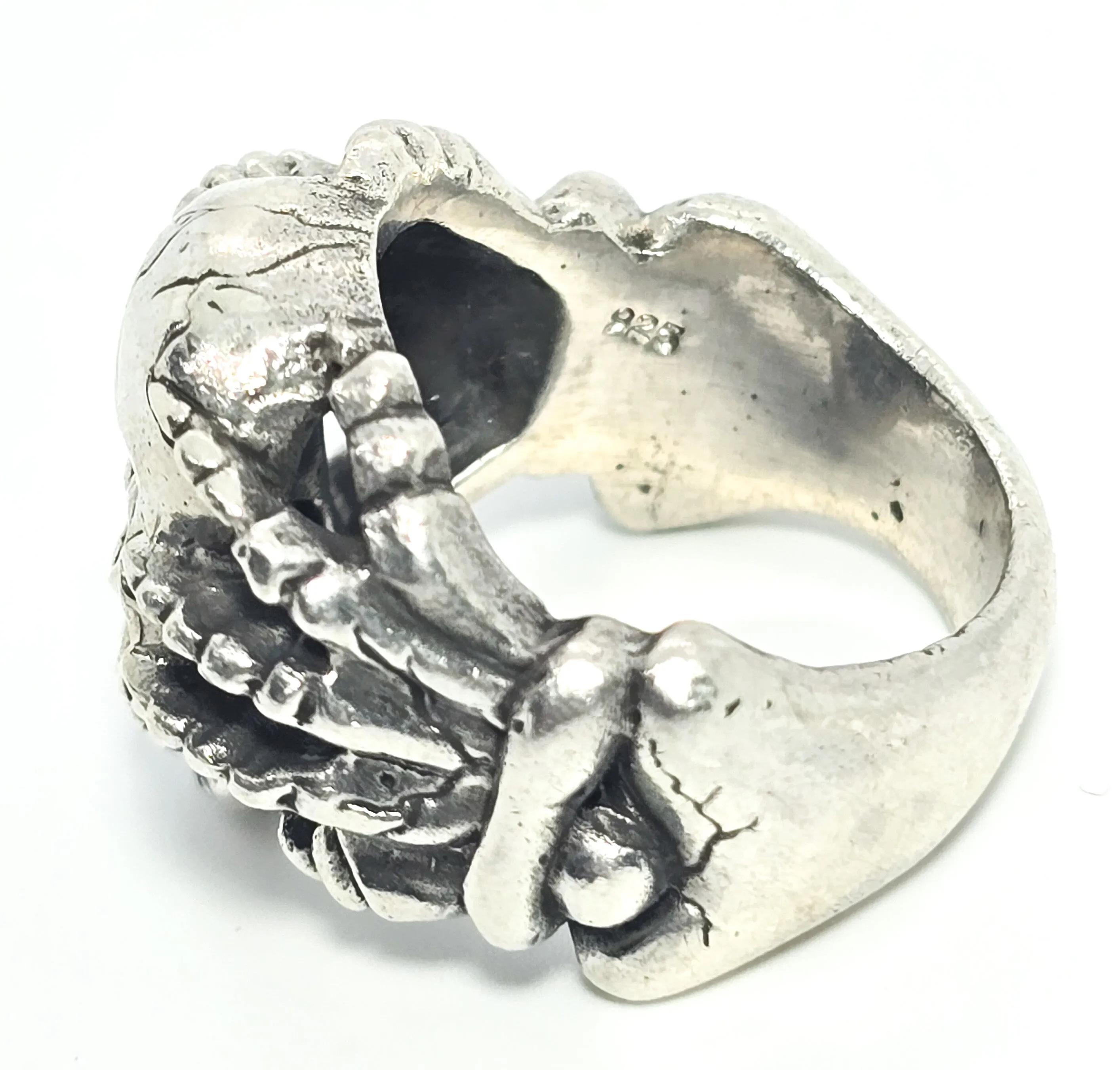 Under Pressure skull in hands bone sterling silver retro biker ring size 8
