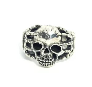 Under Pressure skull in hands bone sterling silver retro biker ring size 8