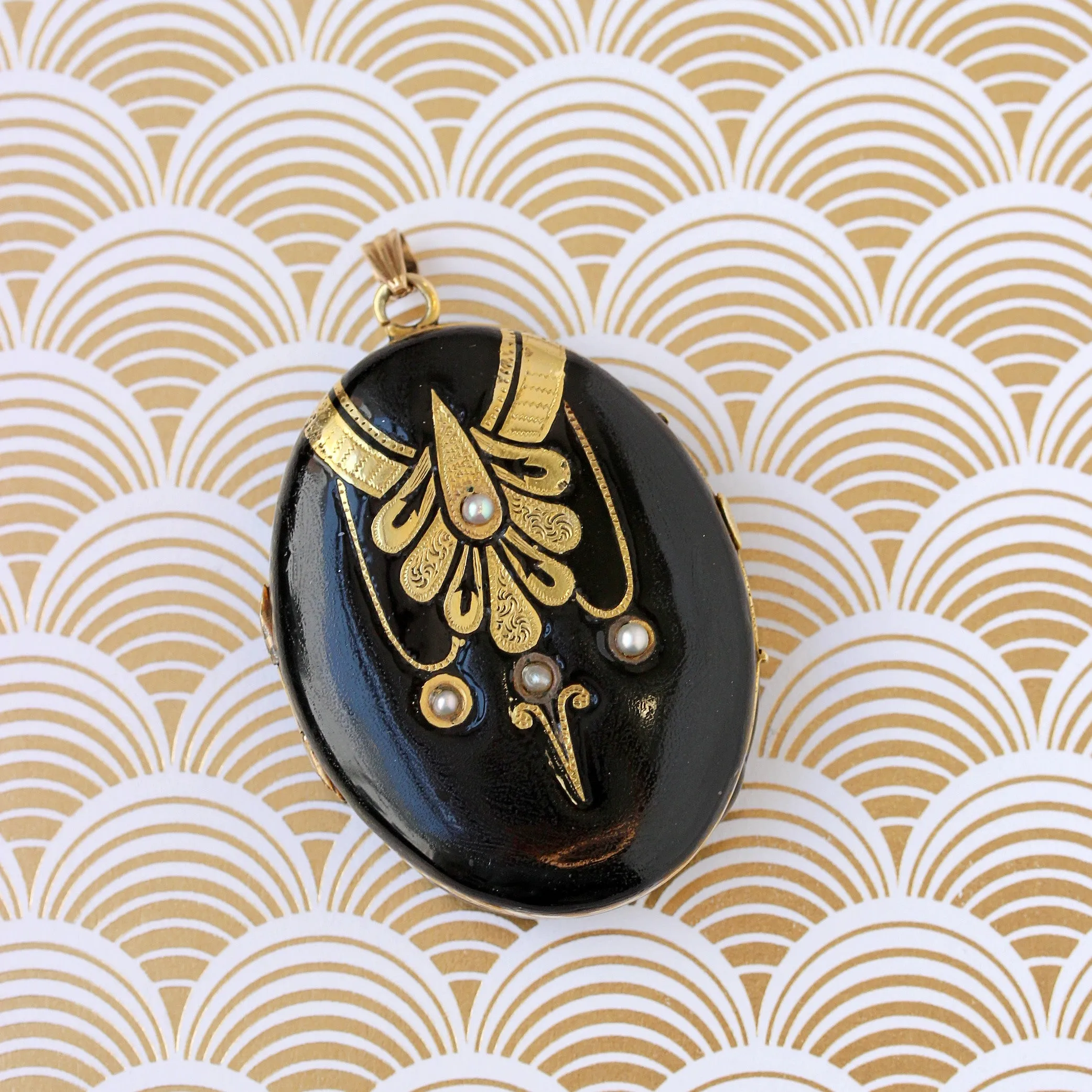 Victorian Locket with Black & Gold Enamel and Pearls, 18k