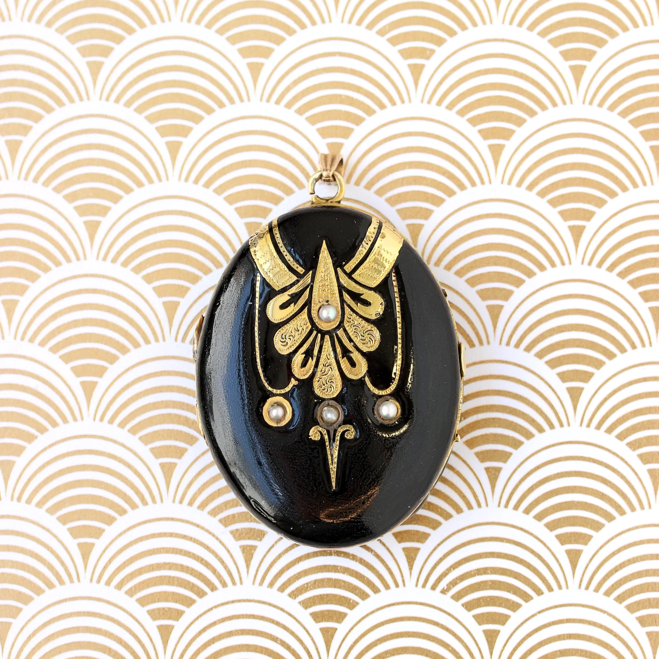 Victorian Locket with Black & Gold Enamel and Pearls, 18k