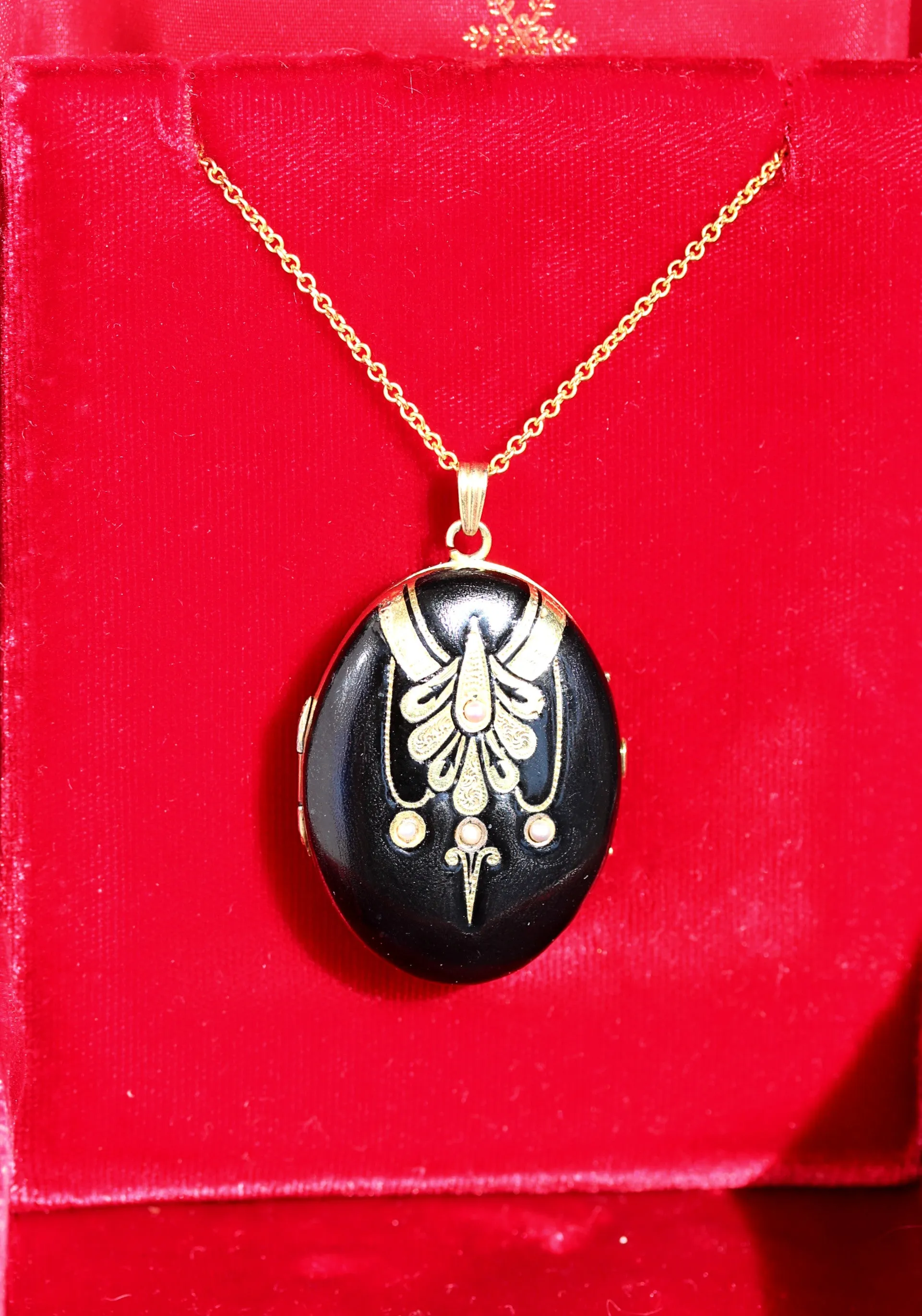 Victorian Locket with Black & Gold Enamel and Pearls, 18k