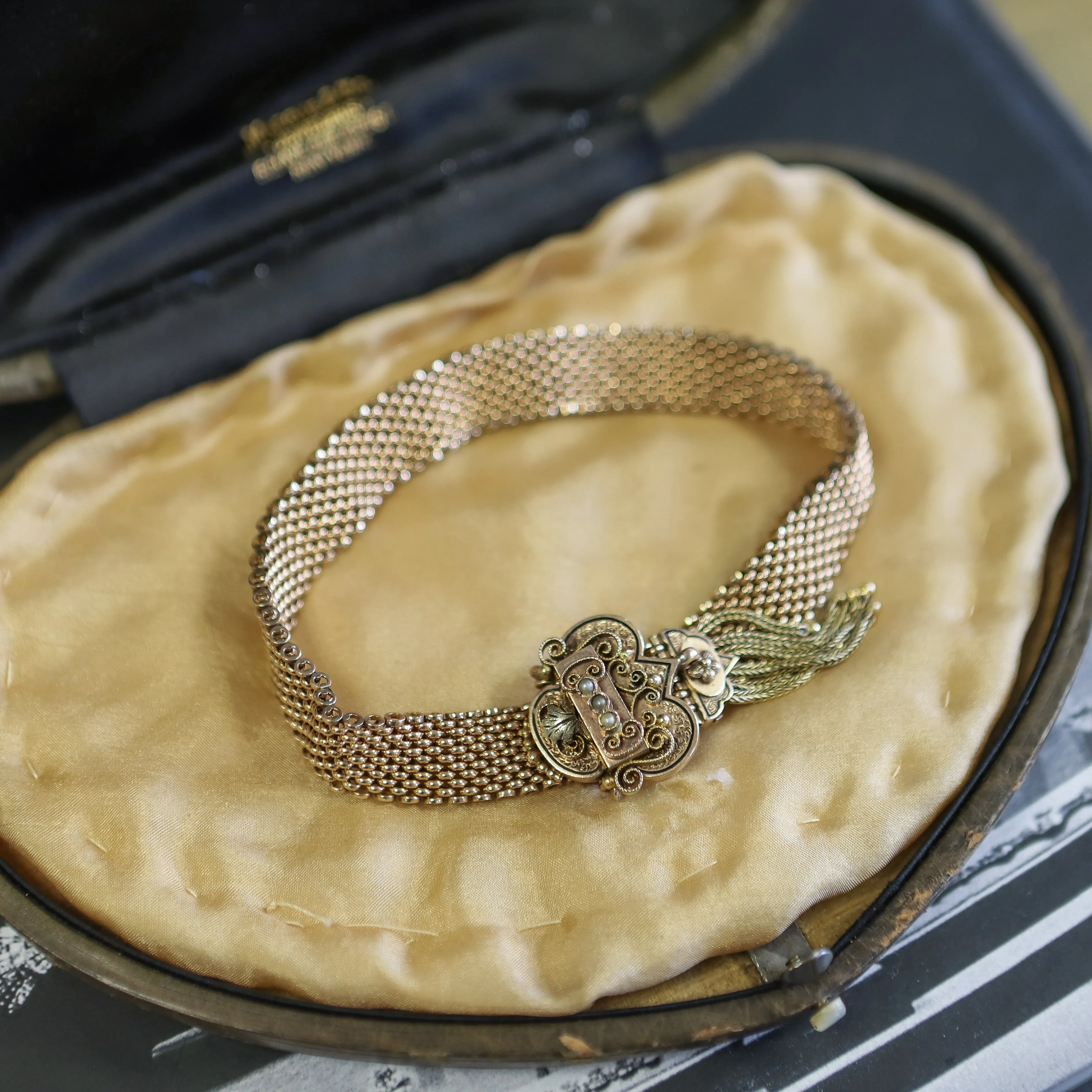 Victorian Slide Tassel Bracelet with Black Enamel and Pearls