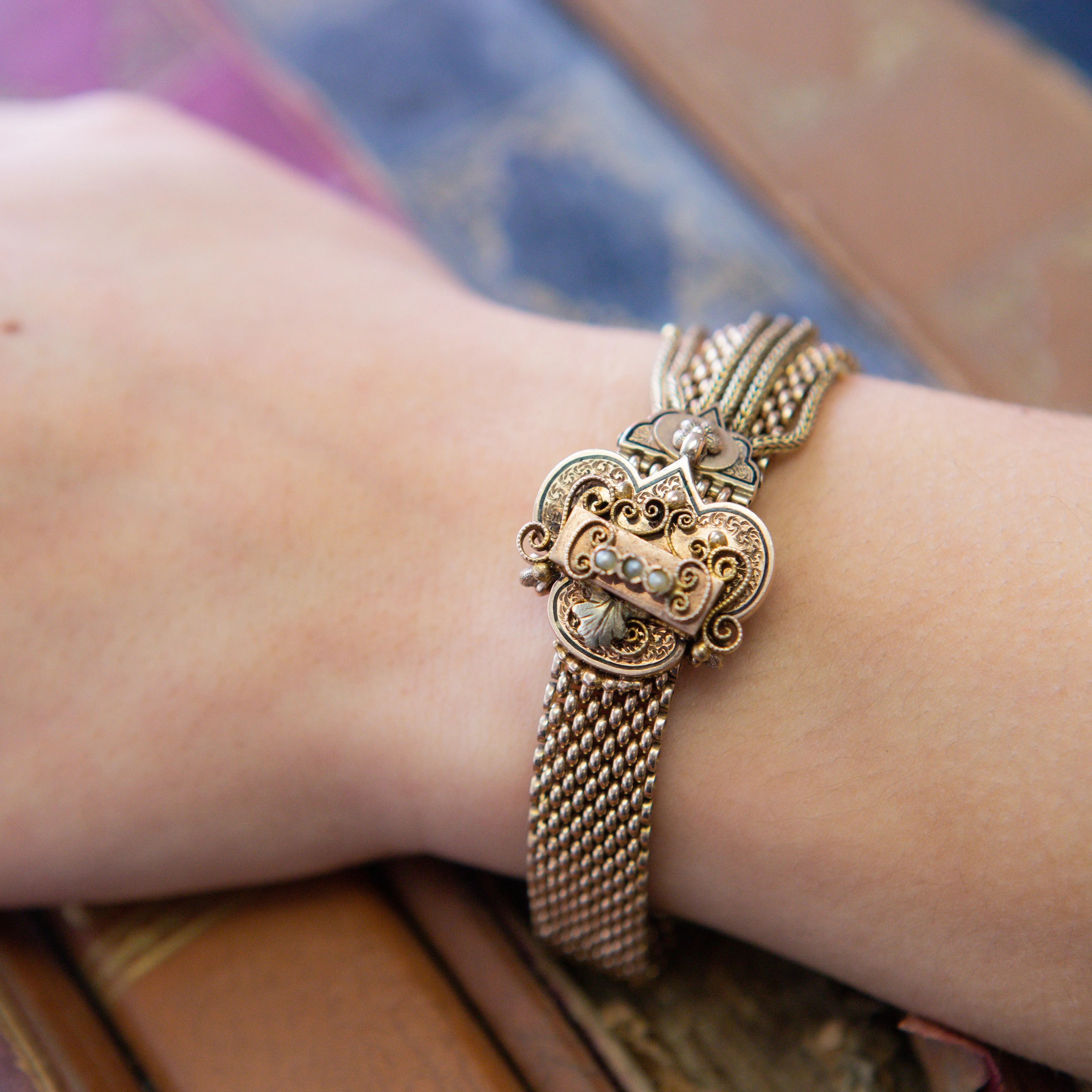 Victorian Slide Tassel Bracelet with Black Enamel and Pearls