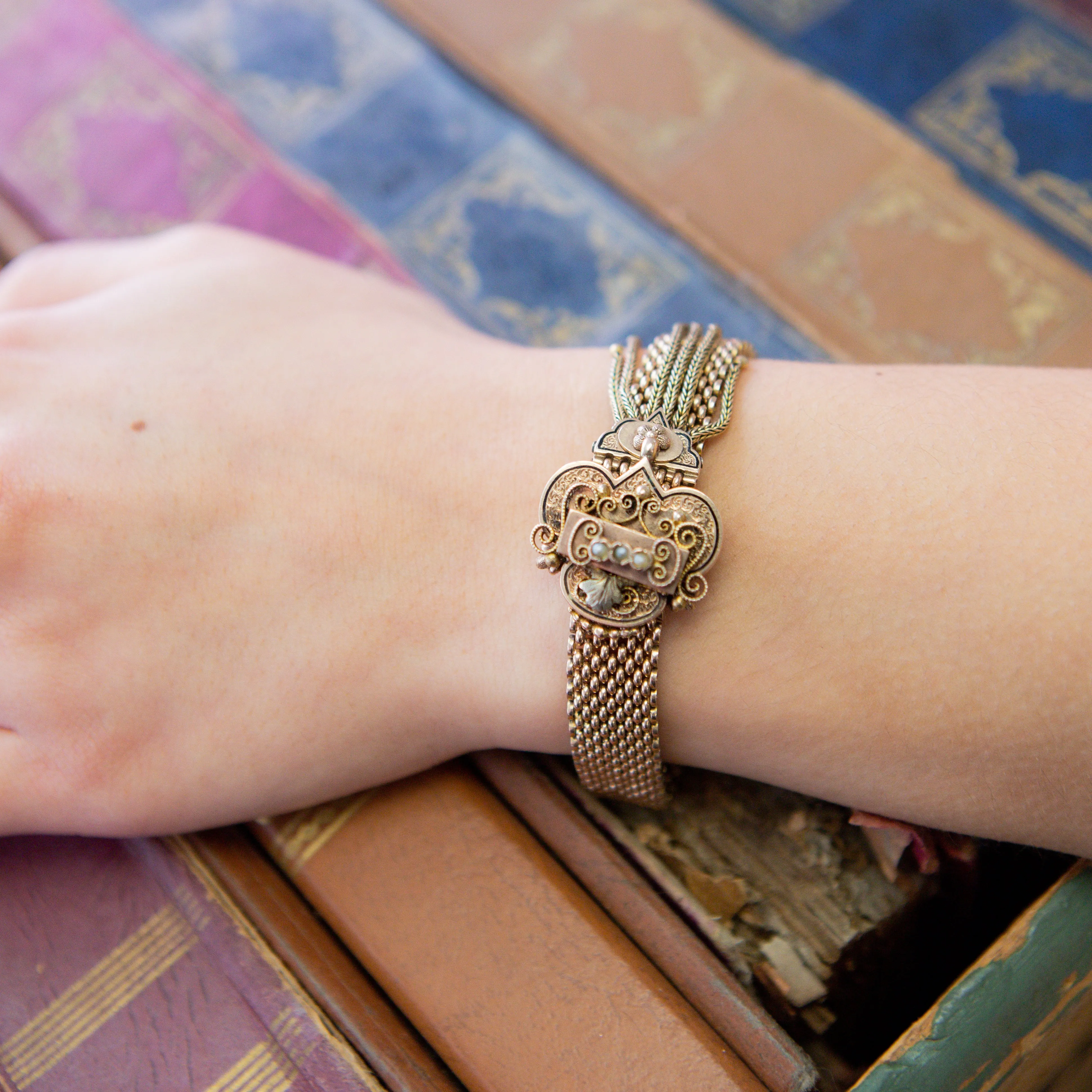 Victorian Slide Tassel Bracelet with Black Enamel and Pearls