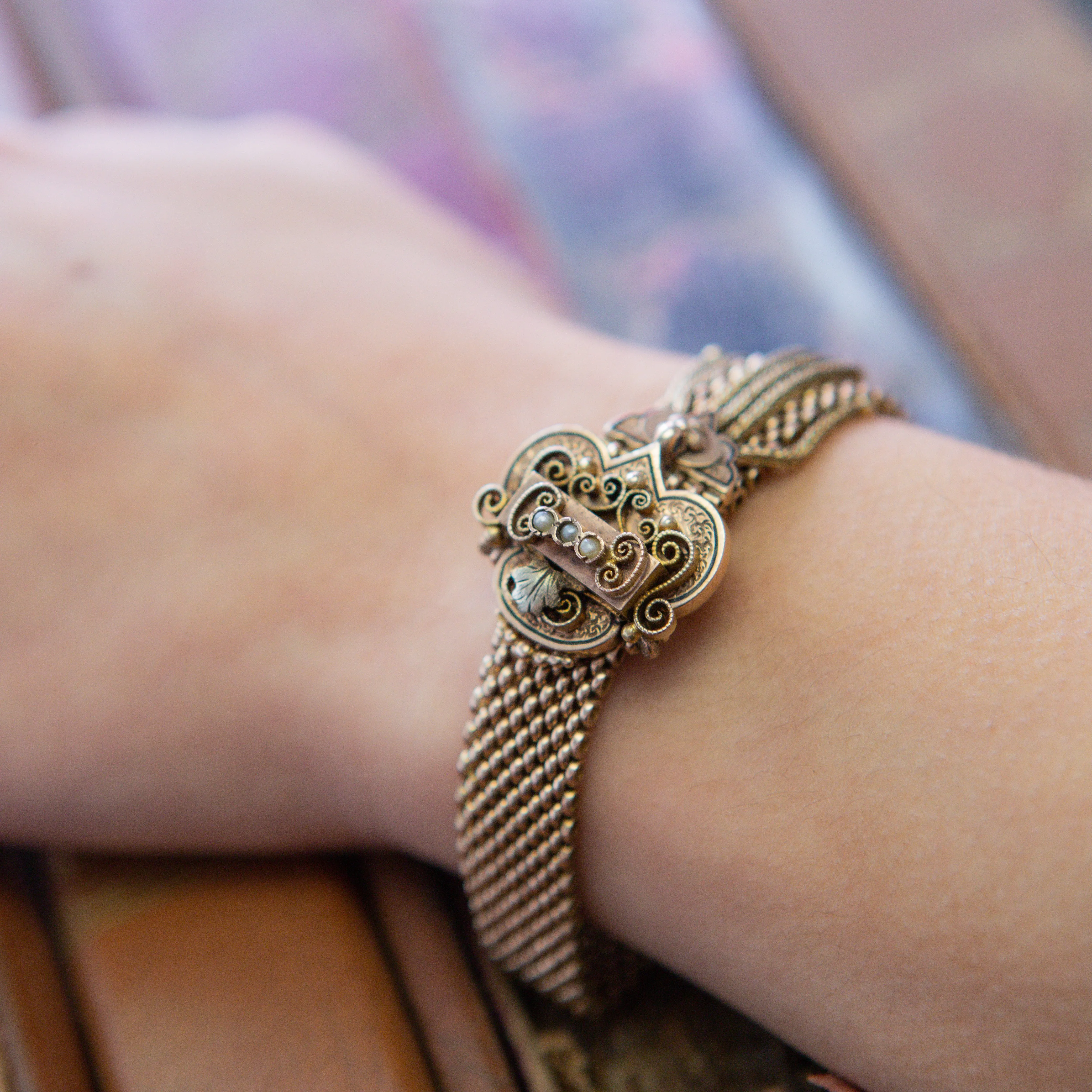 Victorian Slide Tassel Bracelet with Black Enamel and Pearls