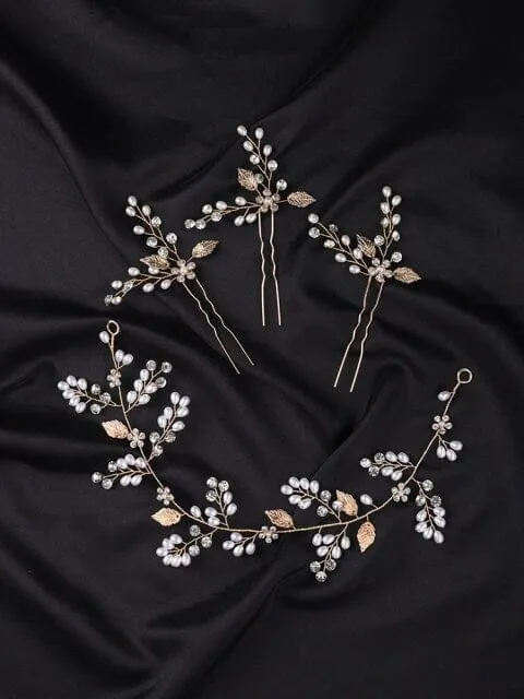 Wedding 4 PC Pearl Hair Vine and Hairpin Set, Wire Headband & 3 Hairpins Bridal Set, Crystal Pearl Head Wreath