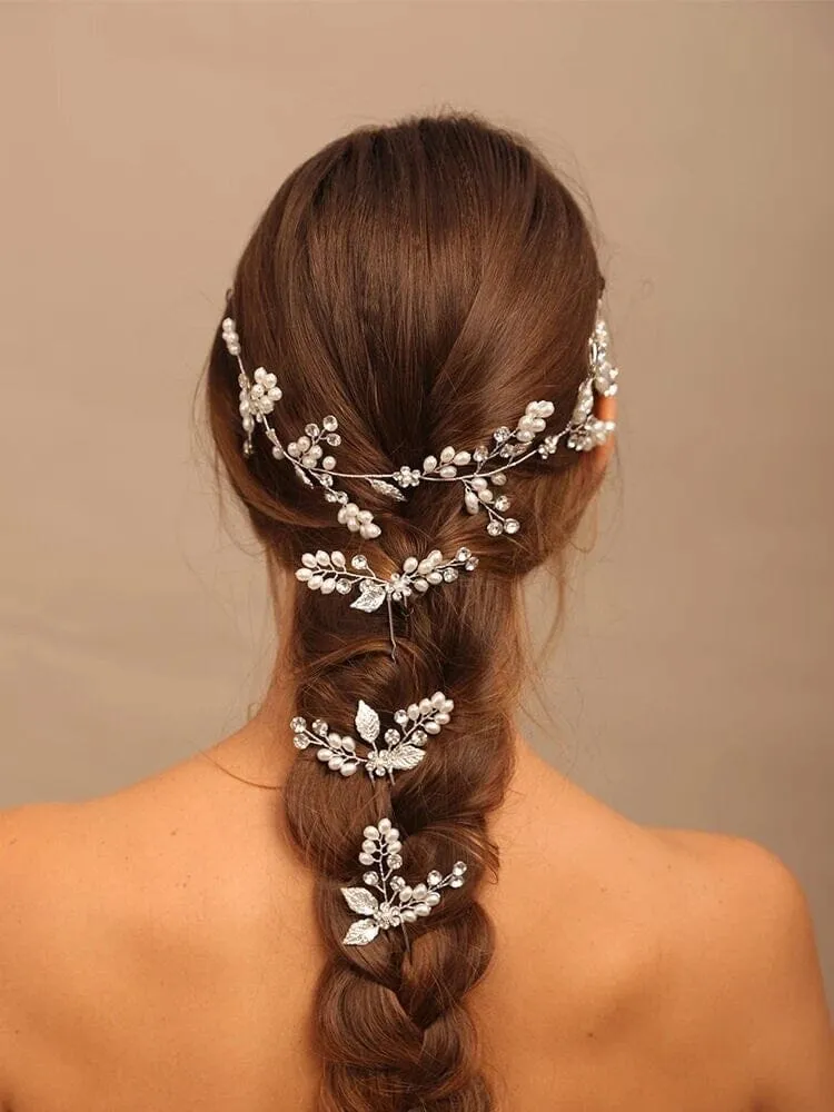 Wedding 4 PC Pearl Hair Vine and Hairpin Set, Wire Headband & 3 Hairpins Bridal Set, Crystal Pearl Head Wreath