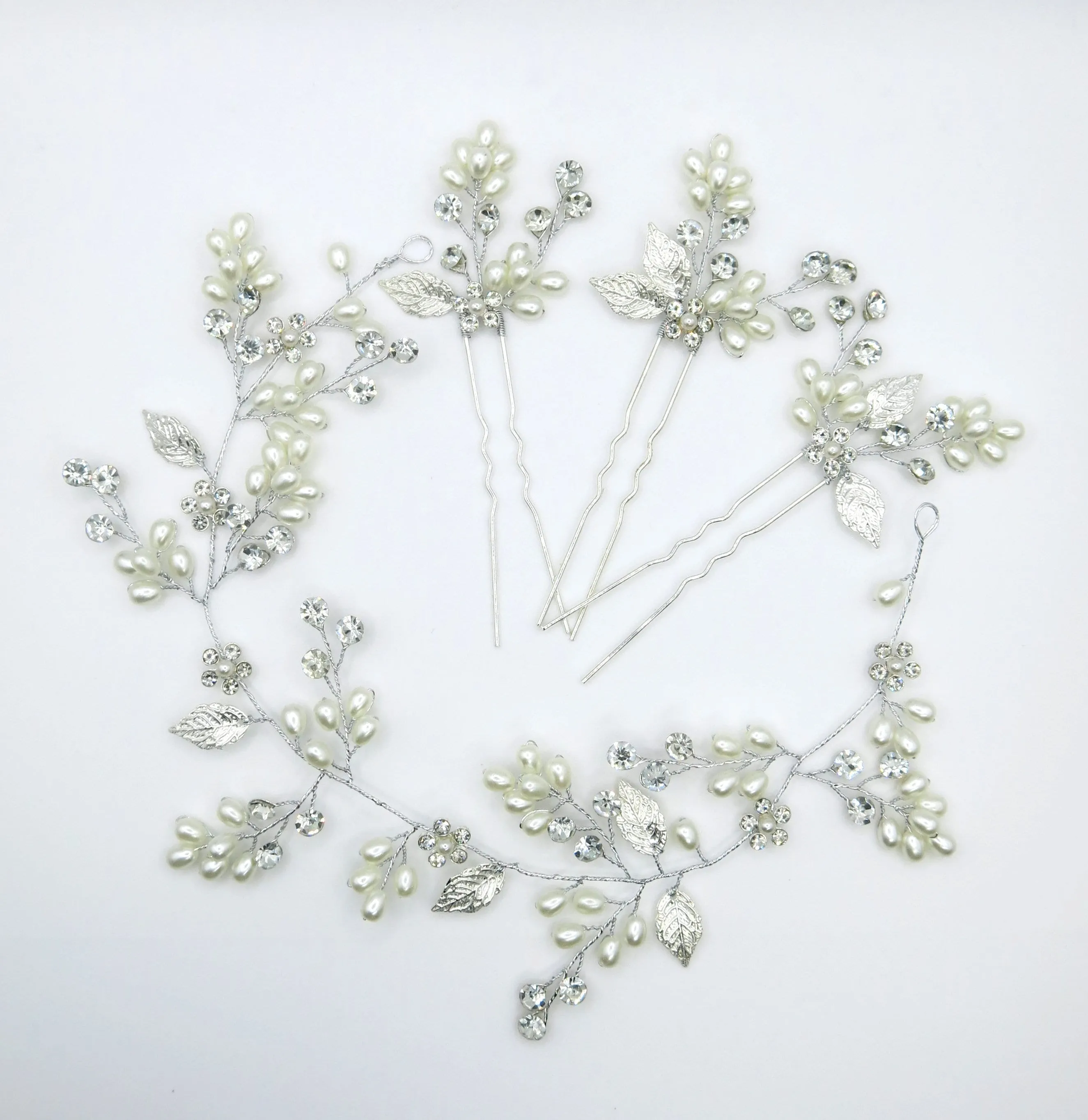 Wedding 4 PC Pearl Hair Vine and Hairpin Set, Wire Headband & 3 Hairpins Bridal Set, Crystal Pearl Head Wreath