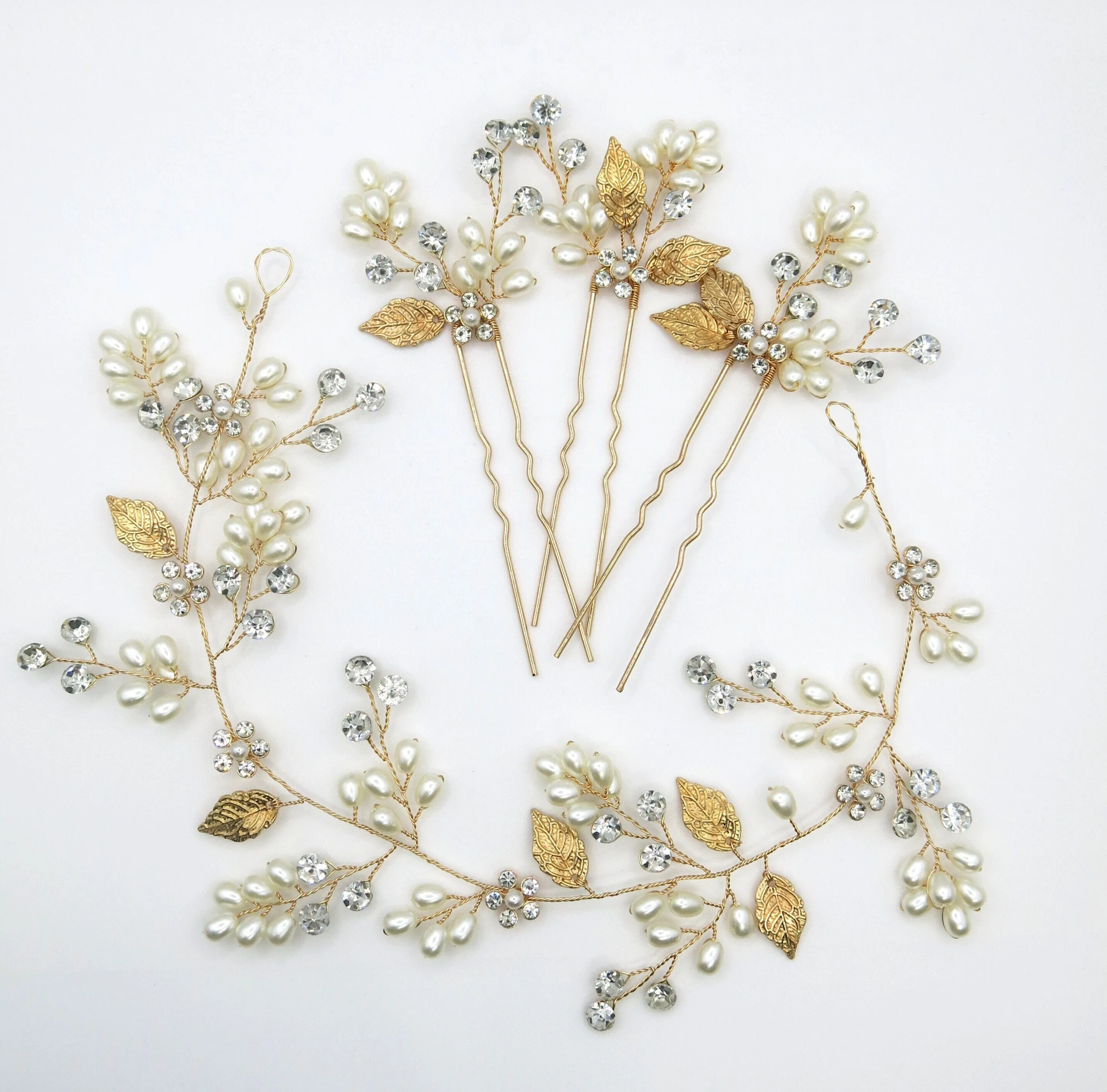 Wedding 4 PC Pearl Hair Vine and Hairpin Set, Wire Headband & 3 Hairpins Bridal Set, Crystal Pearl Head Wreath