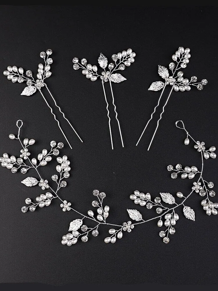 Wedding 4 PC Pearl Hair Vine and Hairpin Set, Wire Headband & 3 Hairpins Bridal Set, Crystal Pearl Head Wreath