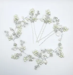 Wedding 4 PC Pearl Hair Vine and Hairpin Set, Wire Headband & 3 Hairpins Bridal Set, Crystal Pearl Head Wreath