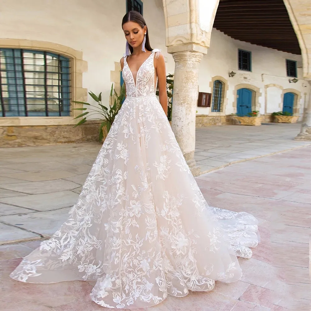 Wedding Dresses Elegant Sweep Train A-line Bridal Gowns V-neck