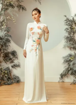 White Bridal Ao Dai | Embellished Vietnamese Traditional Bridal Dress (#ZINNIA)