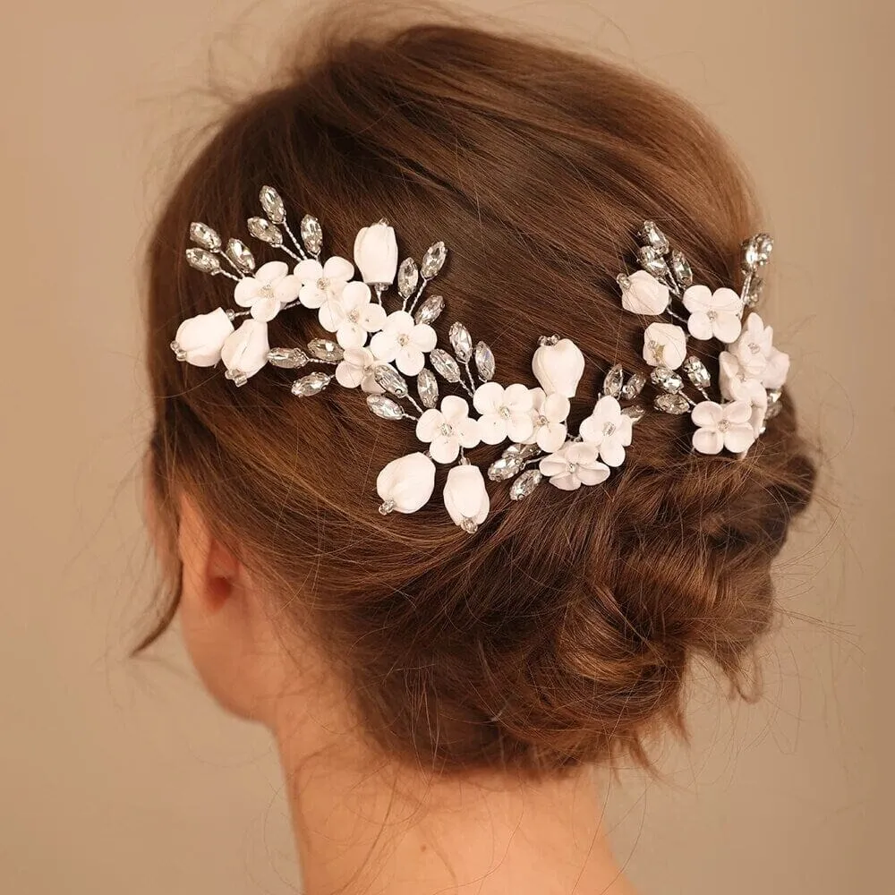 White Ceramic Flower Hairpin, Large Crystal Wedding Floral Hairpiece, Rhinestone Gem Clay Flower Hair Pins