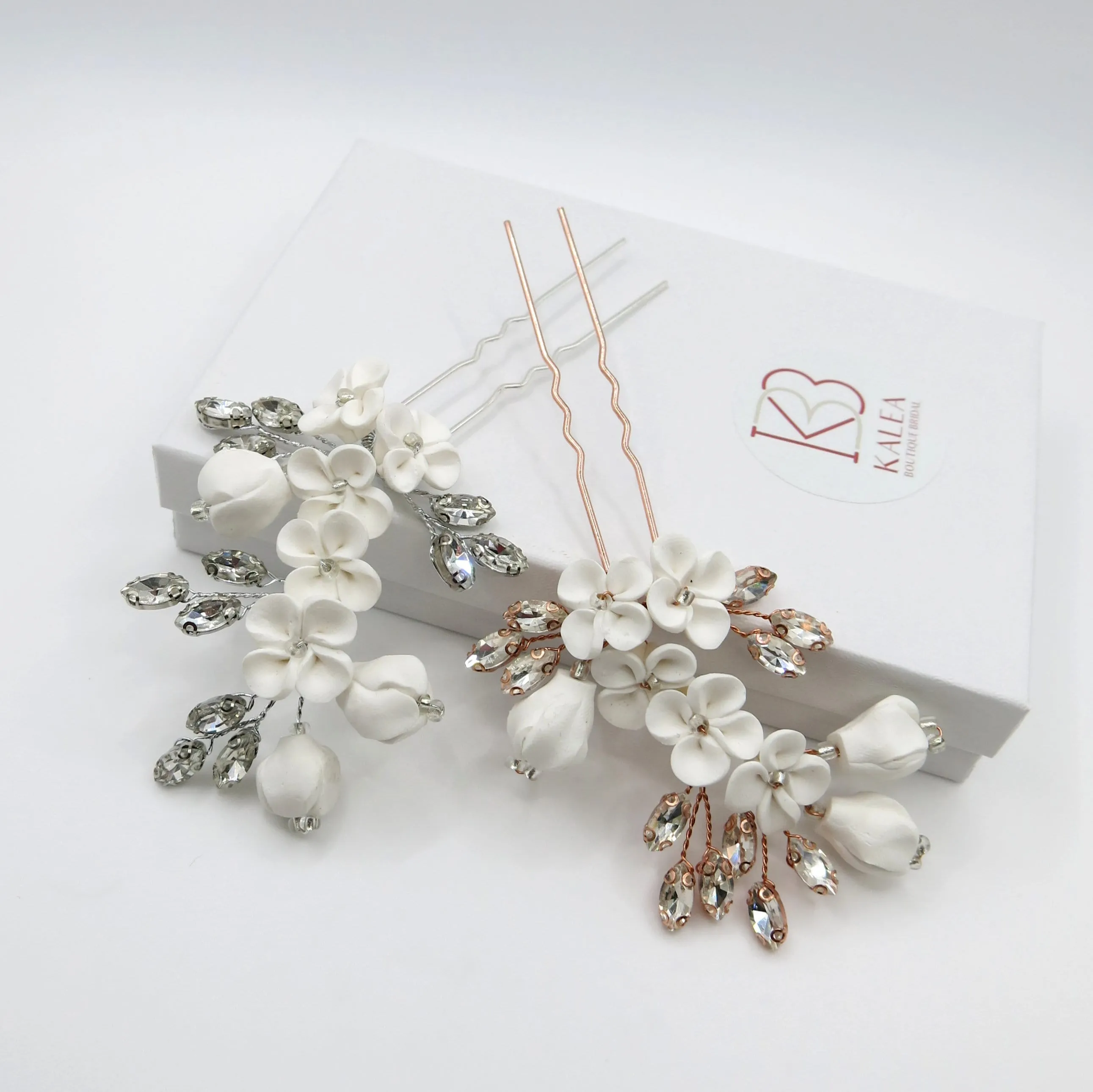 White Ceramic Flower Hairpin, Large Crystal Wedding Floral Hairpiece, Rhinestone Gem Clay Flower Hair Pins