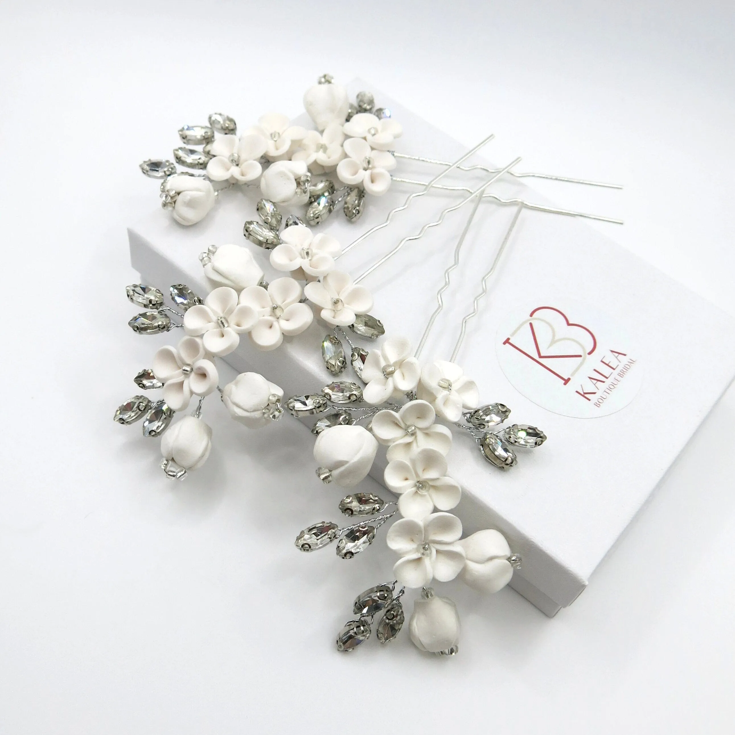White Ceramic Flower Hairpin, Large Crystal Wedding Floral Hairpiece, Rhinestone Gem Clay Flower Hair Pins