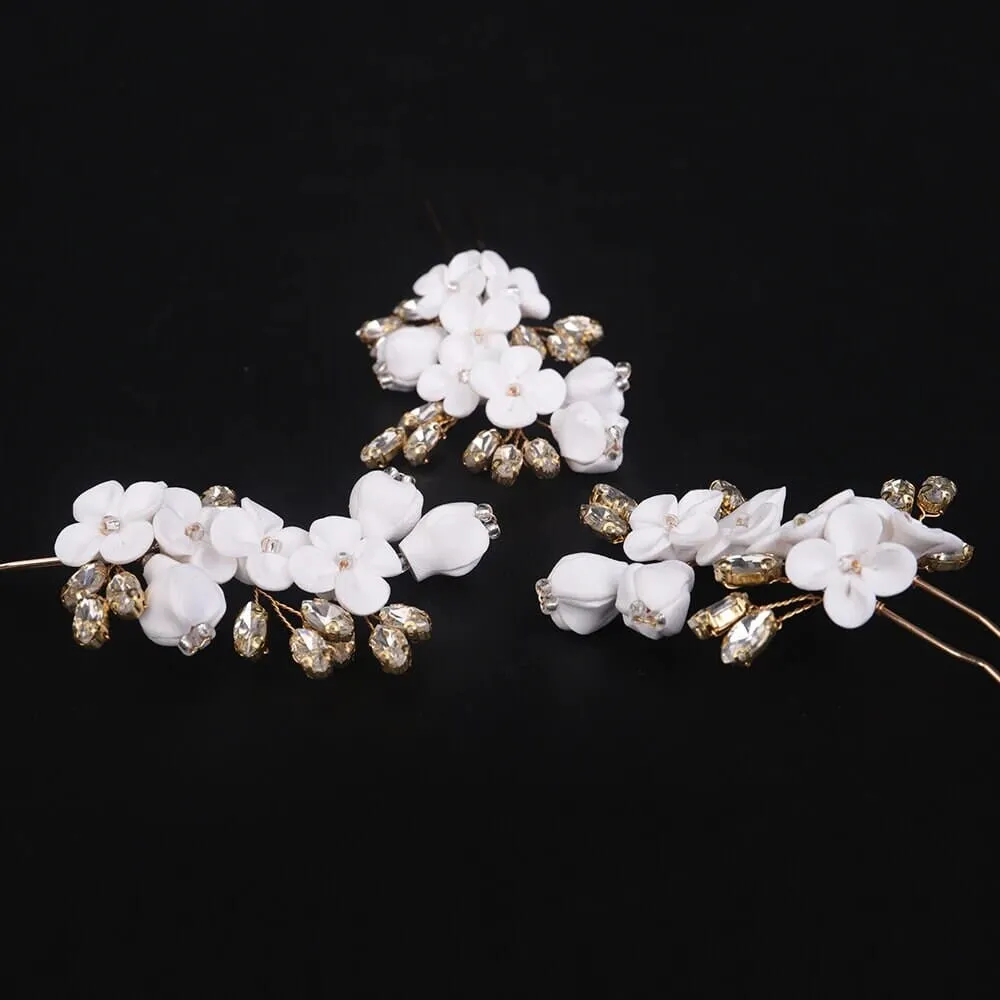 White Ceramic Flower Hairpin, Large Crystal Wedding Floral Hairpiece, Rhinestone Gem Clay Flower Hair Pins