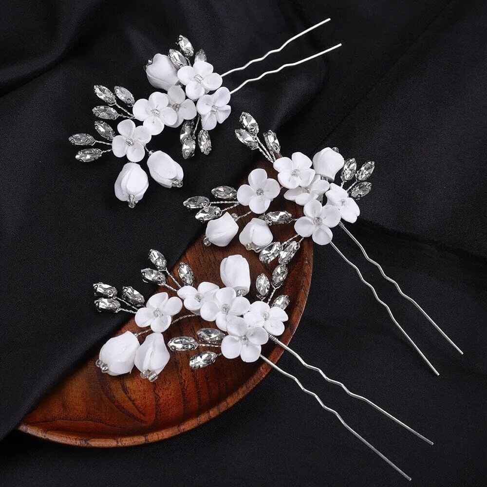 White Ceramic Flower Hairpin, Large Crystal Wedding Floral Hairpiece, Rhinestone Gem Clay Flower Hair Pins