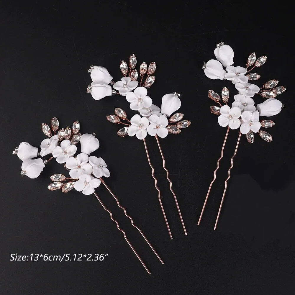White Ceramic Flower Hairpin, Large Crystal Wedding Floral Hairpiece, Rhinestone Gem Clay Flower Hair Pins