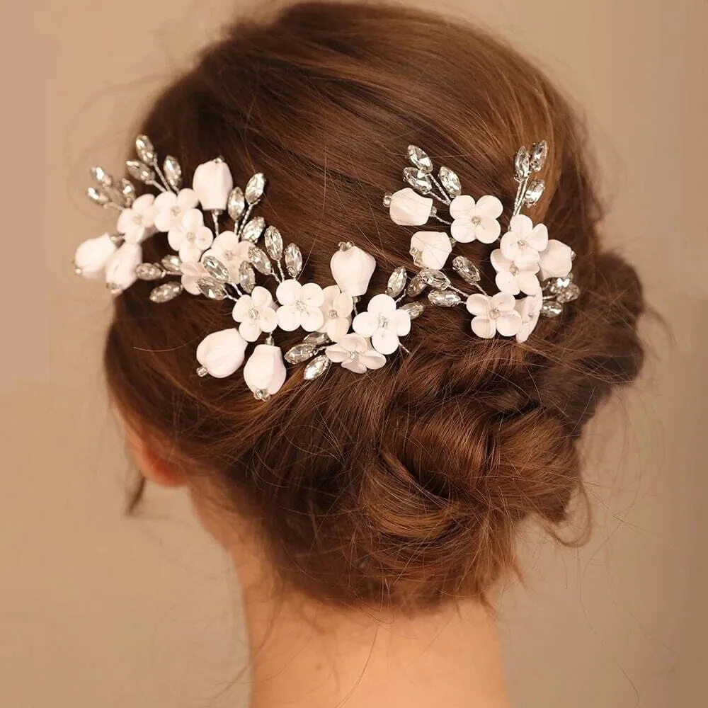 White Ceramic Flower Hairpin, Large Crystal Wedding Floral Hairpiece, Rhinestone Gem Clay Flower Hair Pins