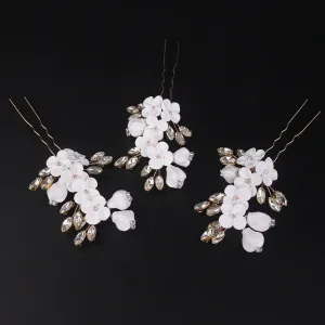 White Ceramic Flower Hairpin, Large Crystal Wedding Floral Hairpiece, Rhinestone Gem Clay Flower Hair Pins