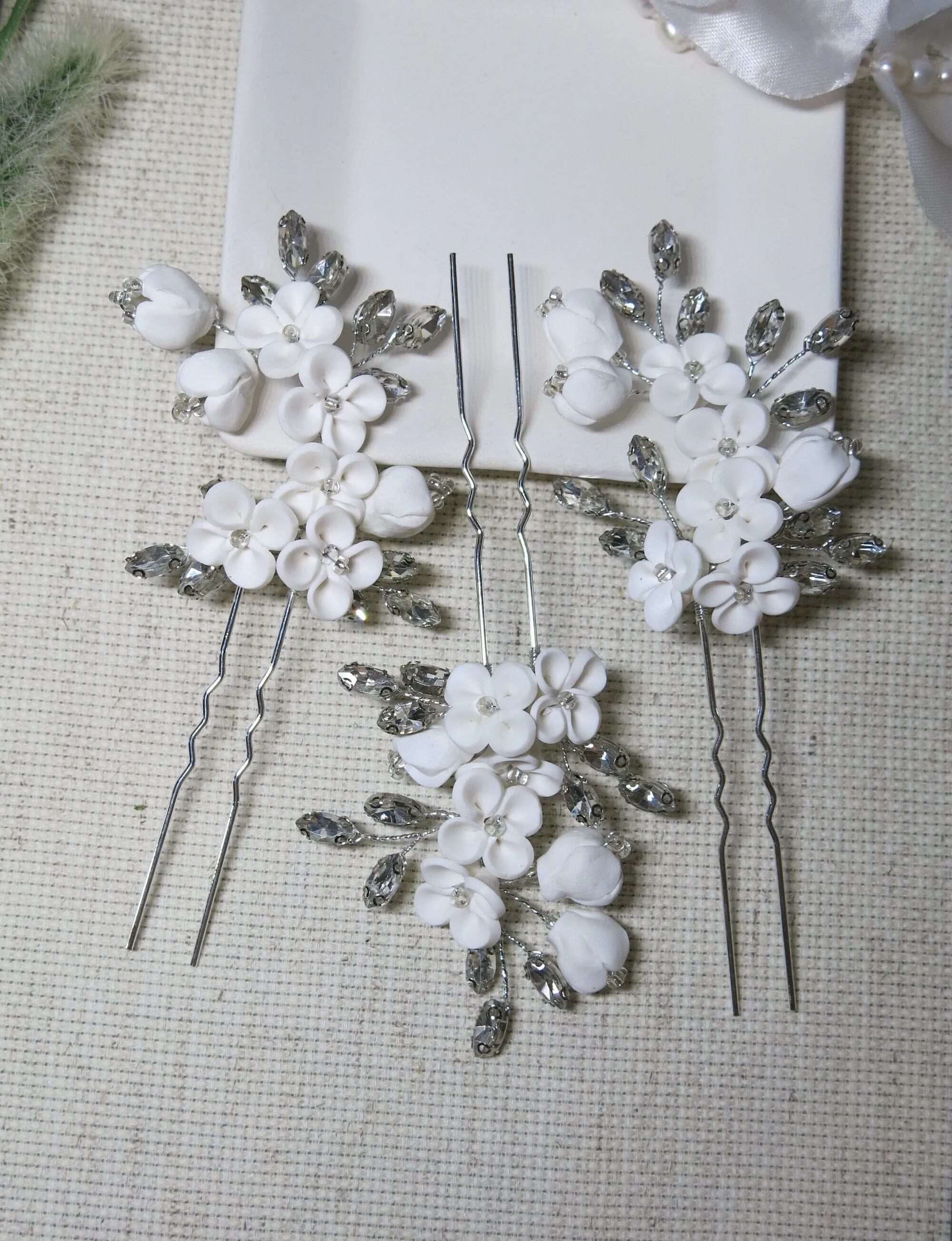White Ceramic Flower Hairpin, Large Crystal Wedding Floral Hairpiece, Rhinestone Gem Clay Flower Hair Pins