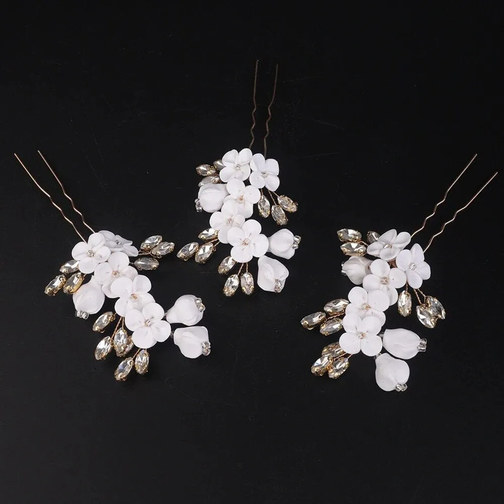 White Ceramic Flower Hairpin, Large Crystal Wedding Floral Hairpiece, Rhinestone Gem Clay Flower Hair Pins