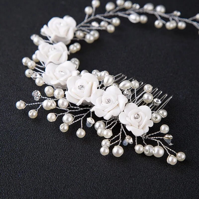 White Ceramic Rose Bridal Hair Vine, Crystal Pearl Wedding Hair Comb Head Wreath, Bride Silver Floral Hair Wire