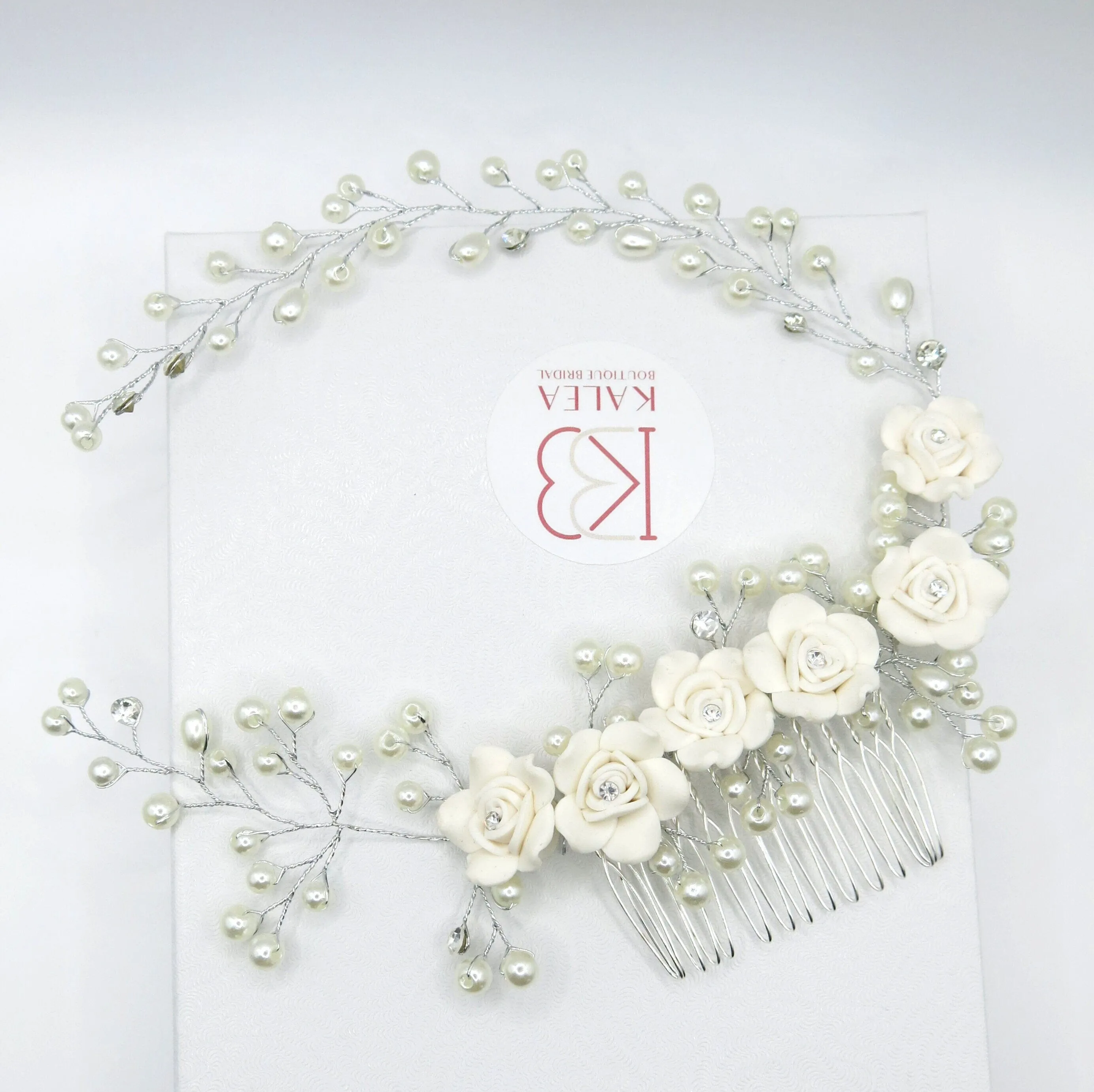 White Ceramic Rose Bridal Hair Vine, Crystal Pearl Wedding Hair Comb Head Wreath, Bride Silver Floral Hair Wire