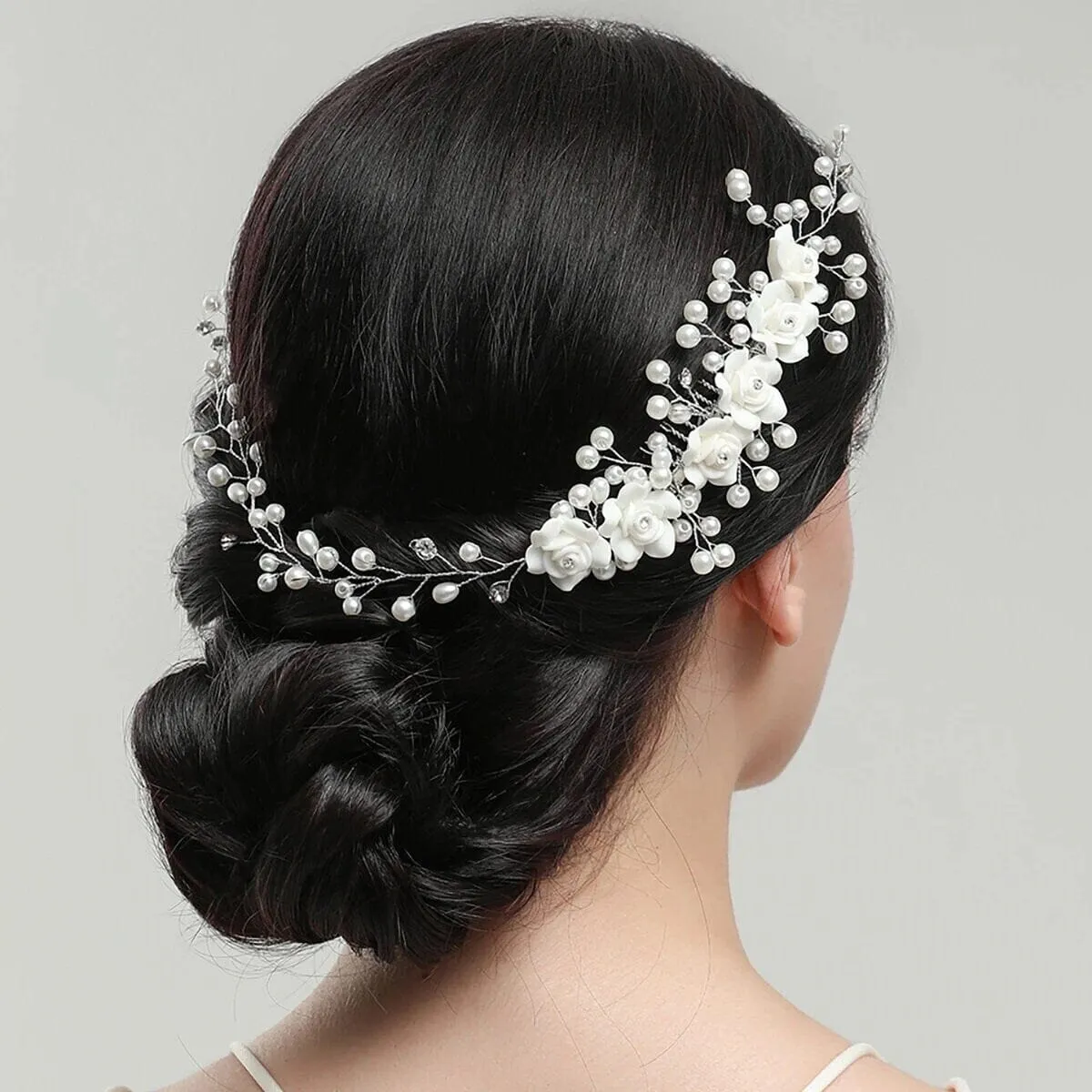 White Ceramic Rose Bridal Hair Vine, Crystal Pearl Wedding Hair Comb Head Wreath, Bride Silver Floral Hair Wire