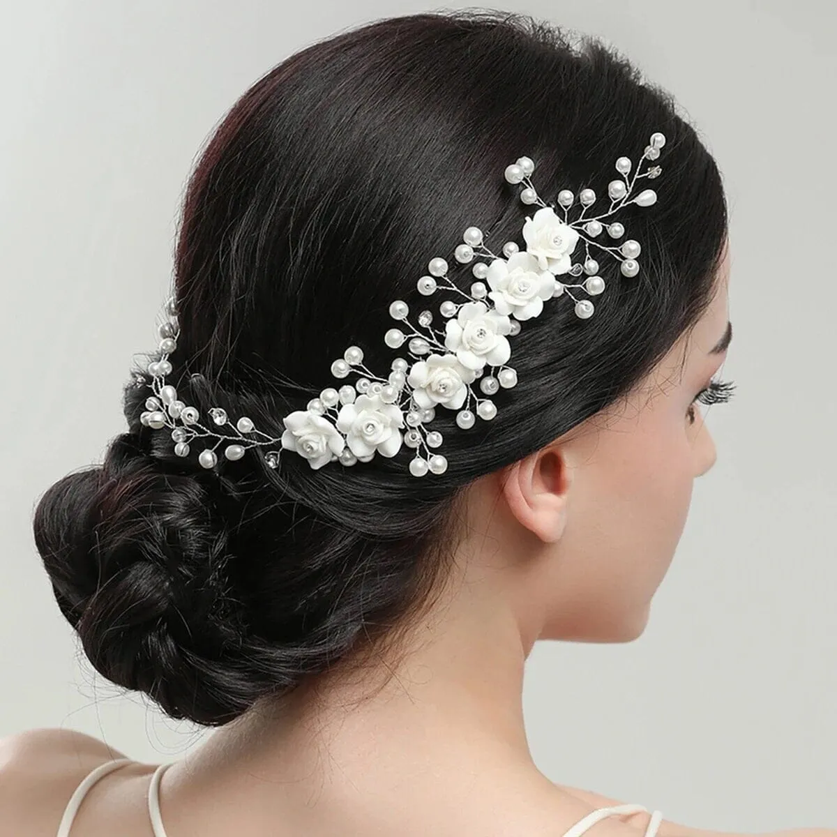 White Ceramic Rose Bridal Hair Vine, Crystal Pearl Wedding Hair Comb Head Wreath, Bride Silver Floral Hair Wire