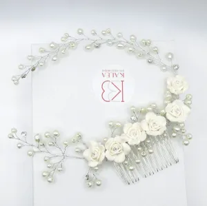 White Ceramic Rose Bridal Hair Vine, Crystal Pearl Wedding Hair Comb Head Wreath, Bride Silver Floral Hair Wire