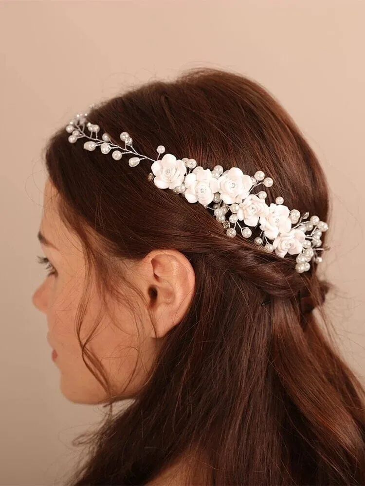 White Ceramic Rose Bridal Hair Vine, Crystal Pearl Wedding Hair Comb Head Wreath, Bride Silver Floral Hair Wire