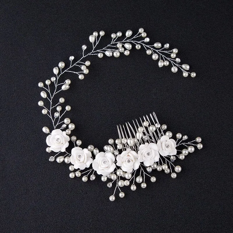 White Ceramic Rose Bridal Hair Vine, Crystal Pearl Wedding Hair Comb Head Wreath, Bride Silver Floral Hair Wire