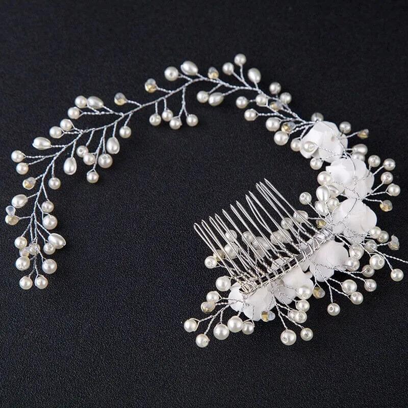 White Ceramic Rose Bridal Hair Vine, Crystal Pearl Wedding Hair Comb Head Wreath, Bride Silver Floral Hair Wire