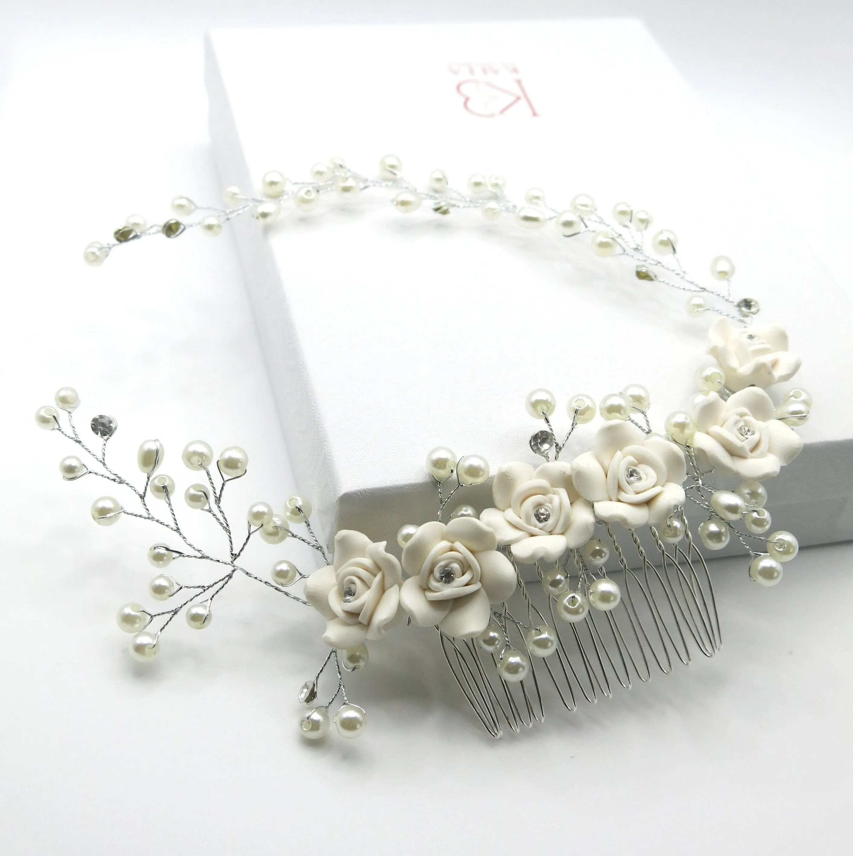 White Ceramic Rose Bridal Hair Vine, Crystal Pearl Wedding Hair Comb Head Wreath, Bride Silver Floral Hair Wire