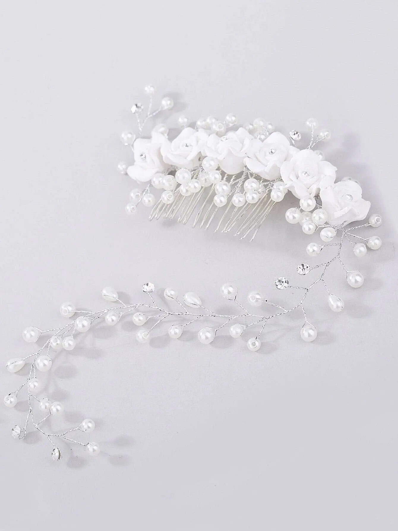 White Ceramic Rose Bridal Hair Vine, Crystal Pearl Wedding Hair Comb Head Wreath, Bride Silver Floral Hair Wire