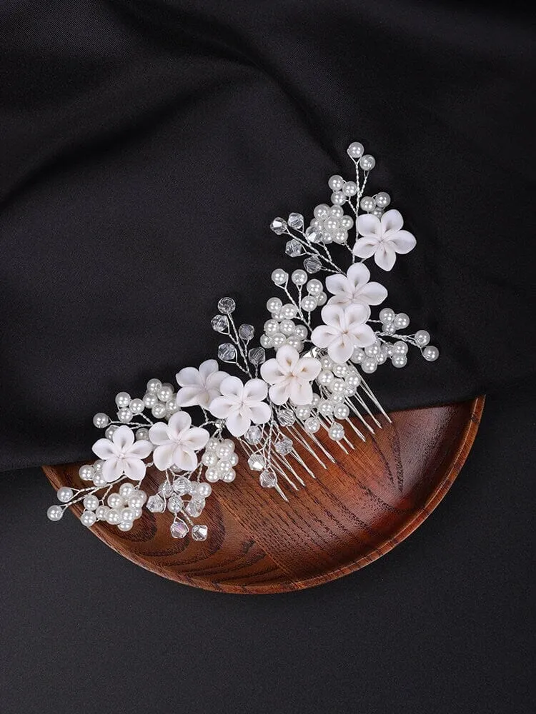 White Clay Flower Bridal Hair Comb, Wedding Ceramic Large Floral Hair Comb, Bridal Pearl Big Hairpin Headpiece