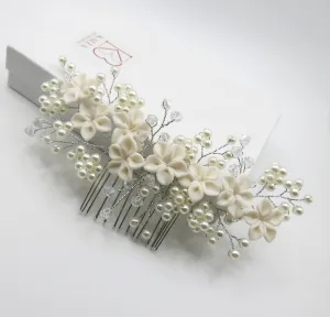 White Clay Flower Bridal Hair Comb, Wedding Ceramic Large Floral Hair Comb, Bridal Pearl Big Hairpin Headpiece